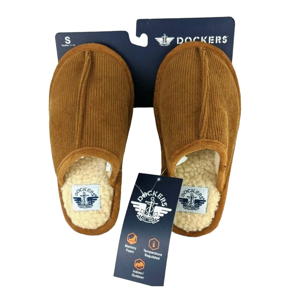Dockers Kids Boys Brown Corduroy Fleece Lined Scuff Slippers S (11-12) NWT